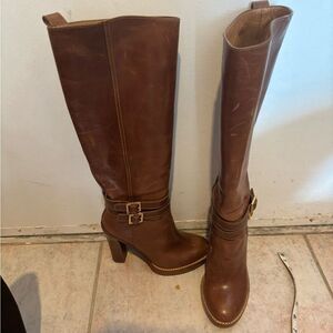 Tory Burch knee high double buckle boots leather dress shoes logo heels